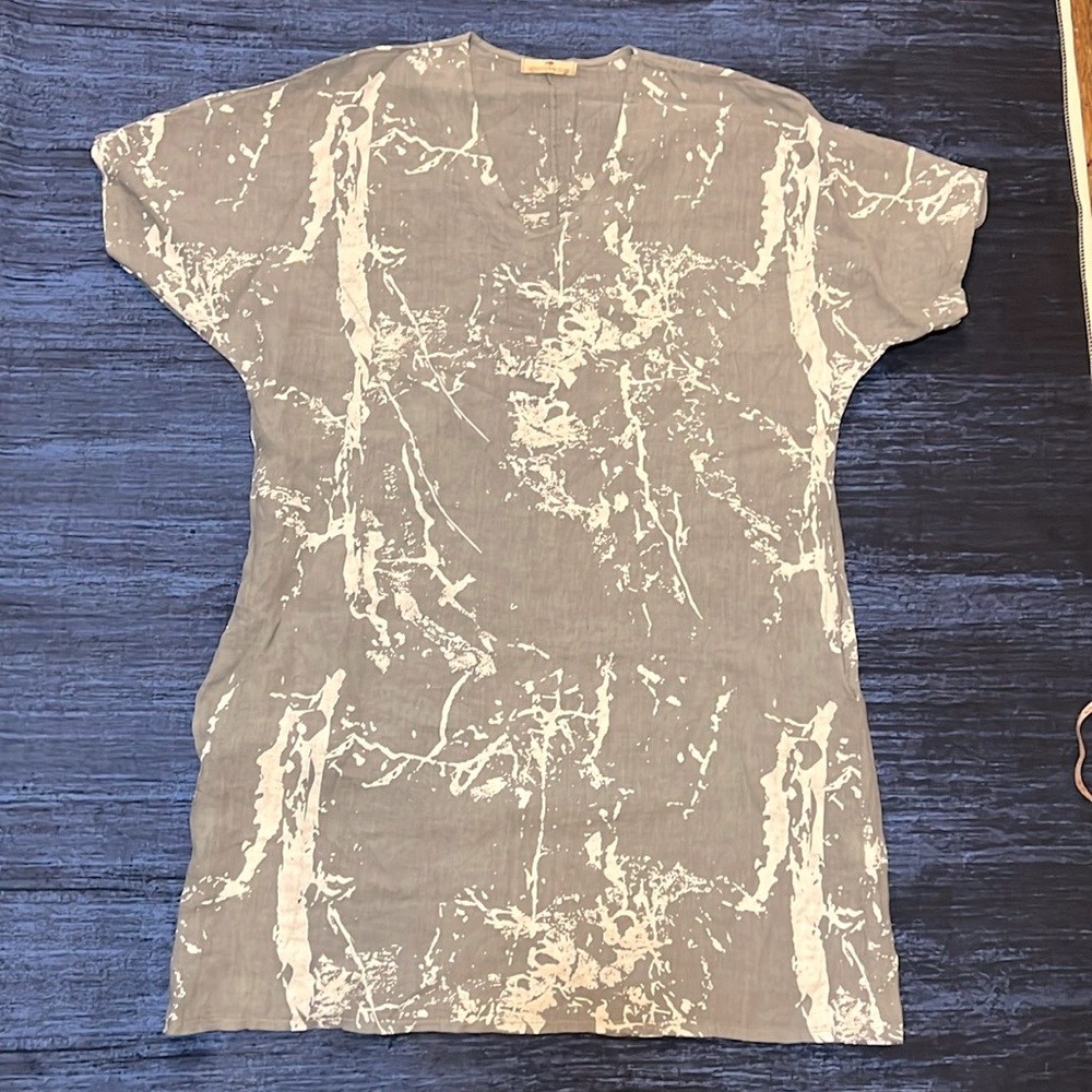 Lands Downunder Women S 100% Linen Dress Italy Gray Abstract Print